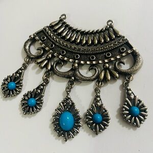 Vintage HMS Silver-Tone Boho Statement Pendant with Turquoise Accents